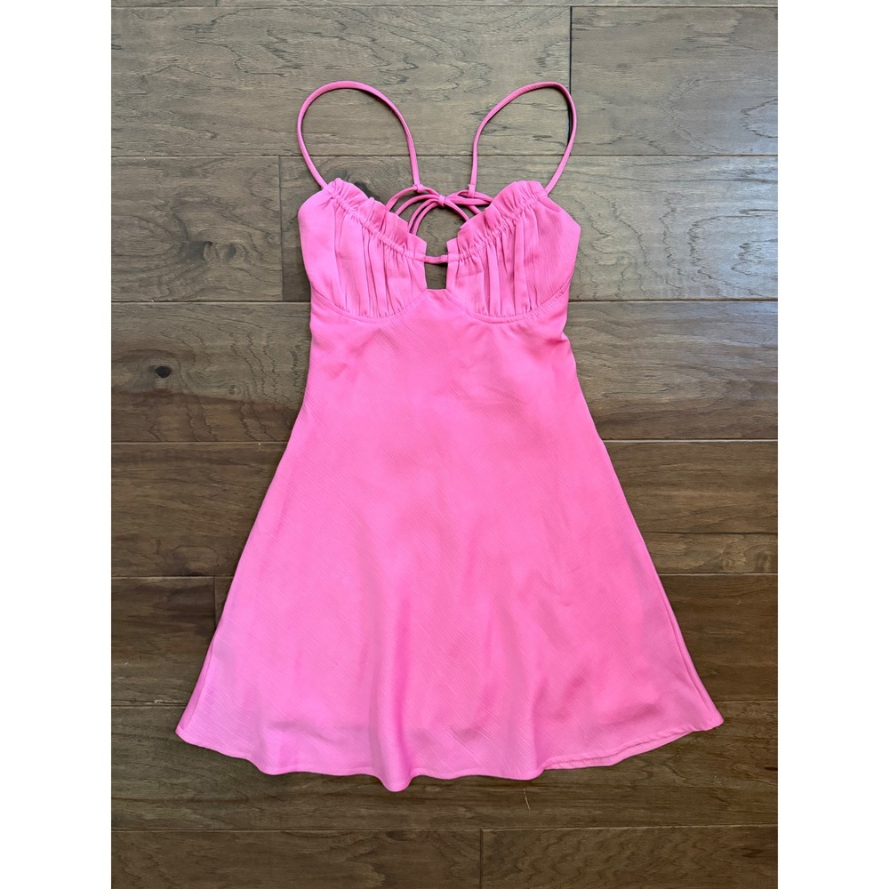 Hello Molly Mini Dress Womens 6 Pink Polyester Solid Fit Flare Open Back Summer
